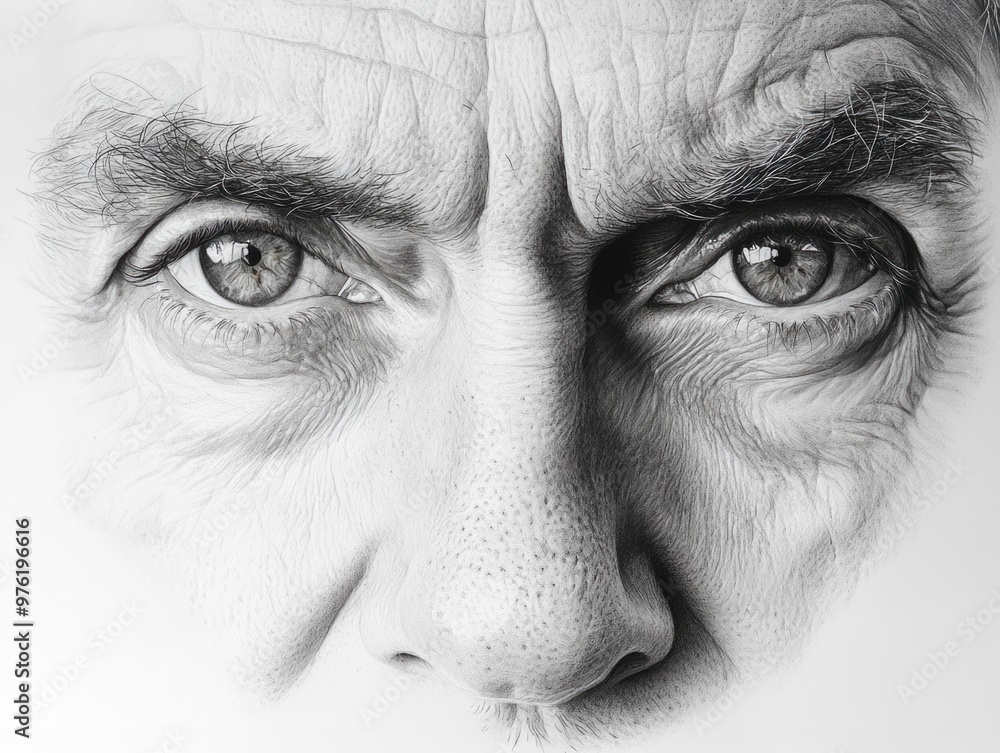 Obraz premium Intense close-up pencil drawing of elderly man's eyes highlighting emotion and detail