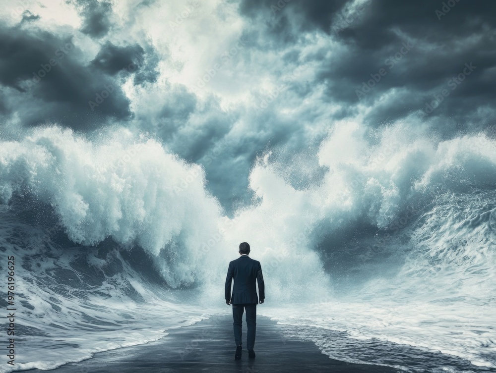 Man facing stormy ocean waves under dark sky: overcoming adversity and challenges Man facing stormy ocean waves under dark sky: overcoming adversity and challenges