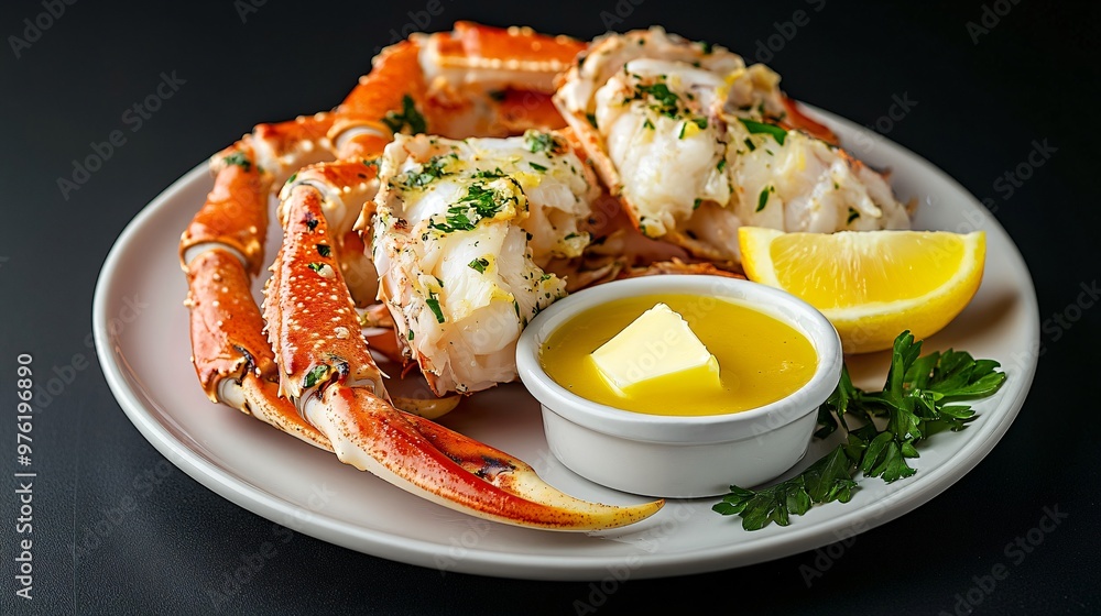 A simple plate of steamed crab claws with butter dipping sauce, isolated on a sleek black background to highlight the vivid colors