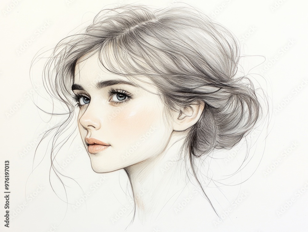 Elegant pencil sketch of a young woman with delicate features and soft expression Elegant pencil sketch of a young woman with delicate features and soft expression