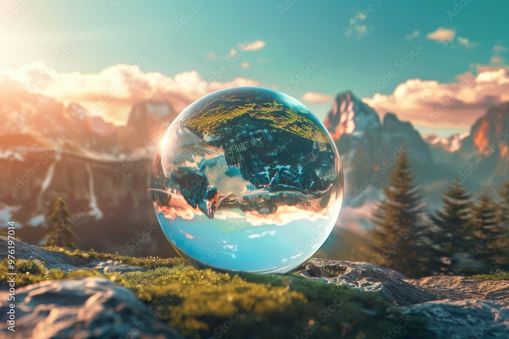 The crystal orb mirrors the lush green mountains and vibrant blue sky, reflecting the beauty of nature during a tranquil sunset in the wilderness. The crystal orb mirrors the lush green mountains and vibrant blue sky, reflecting the beauty of nature during a tranquil sunset in the wilderness.