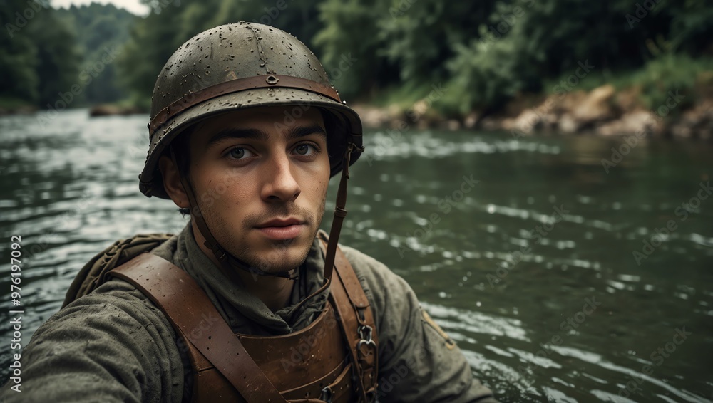 Selfie of a soldier in a river, medieval era photo. Selfie of a soldier in a river, medieval era photo.