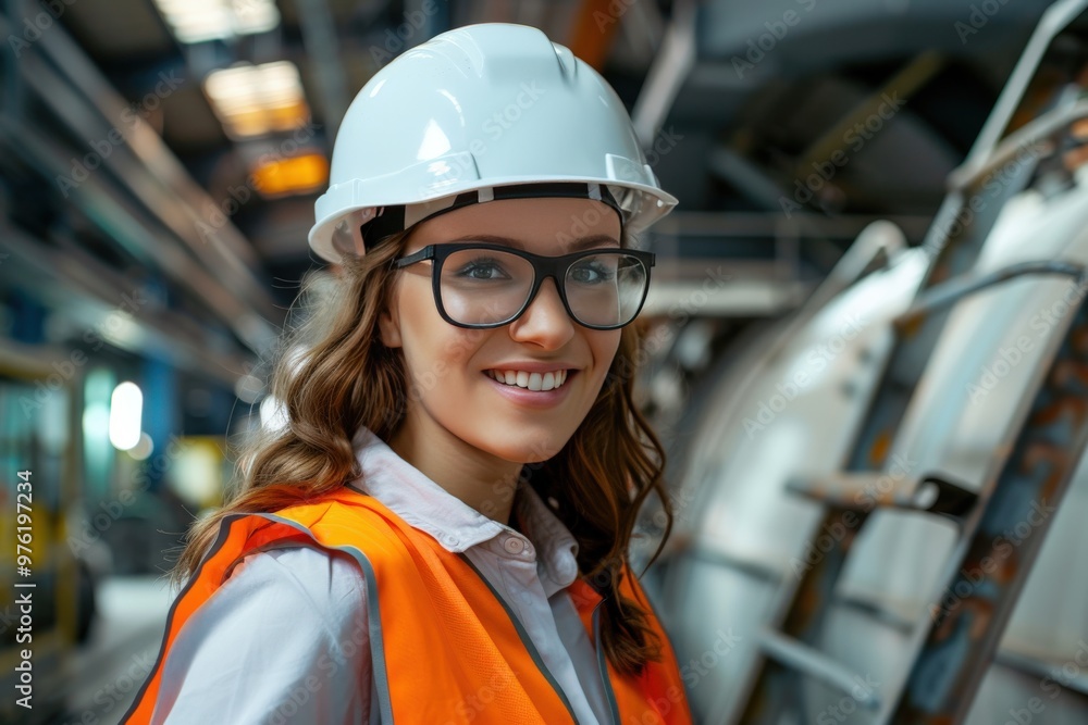 A woman wearing an orange safety vest and a hard hat is smiling, generative ai image A woman wearing an orange safety vest and a hard hat is smiling, generative ai image