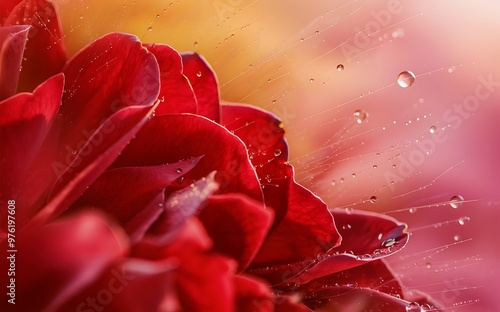 Generative-AI, Close-Up of Red Rose Petals with Dew Drops Highlighting Natural Beauty photo