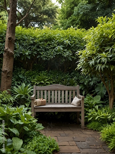 Serene garden bench surrounded by lush greenery.