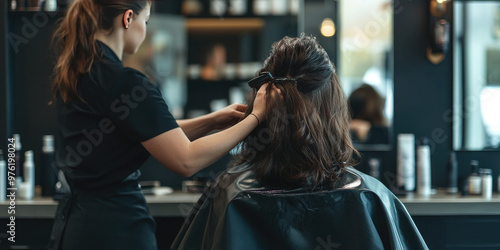 Woman in a beauty salon getting a professional haircut