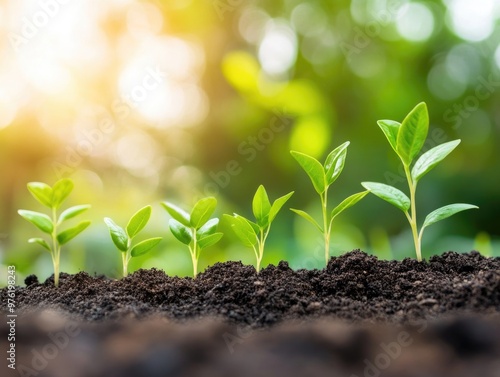 Growth cycle of young seedlings in sunlit soil highlighting nature's renewal