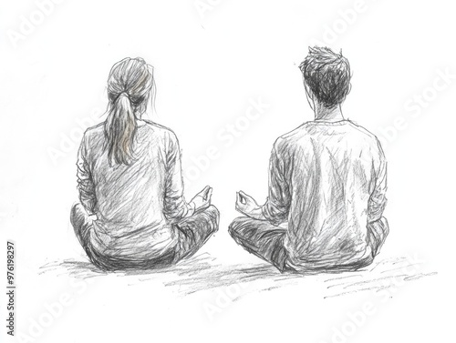 Back view of two people meditating together in a calming sketch photo