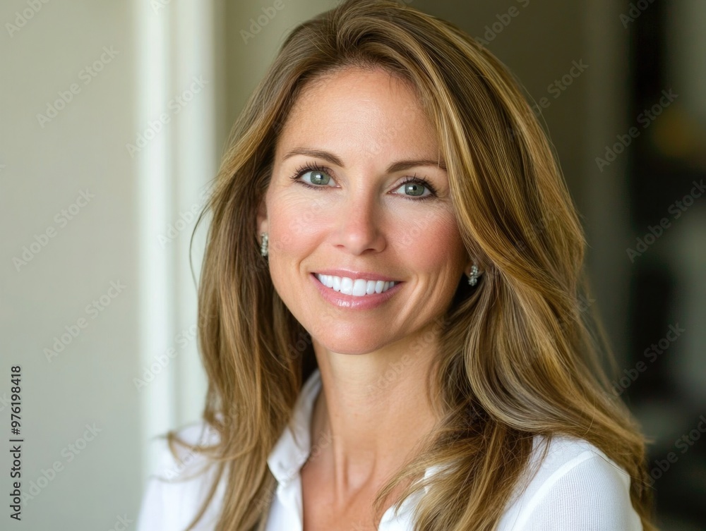 Smiling woman with long hair and white shirt in natural lighting Smiling woman with long hair and white shirt in natural lighting