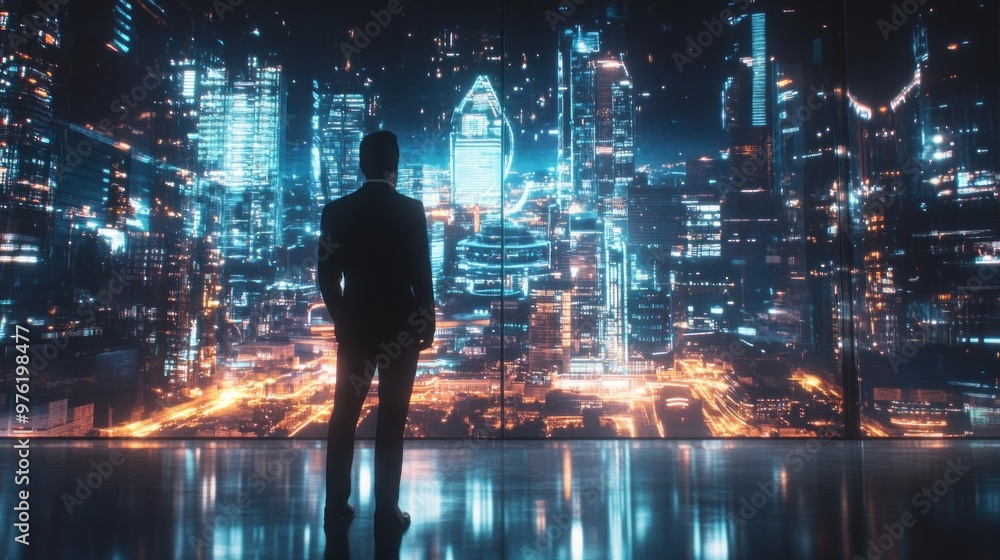 Obraz premium Silhouette of a Man Looking at a Futuristic Cityscape