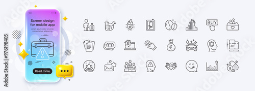 Heart flame, Roller coaster and Floor plan line icons for web app. Phone mockup gradient screen. Pack of Favorite mail, Car wash, Hold heart pictogram icons. Vector