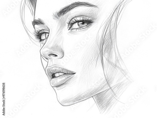 Intricate pencil sketch of a woman's face with emphasized eyes and lips
