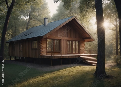 A quaint wooden house situated in the heart of a vast forest