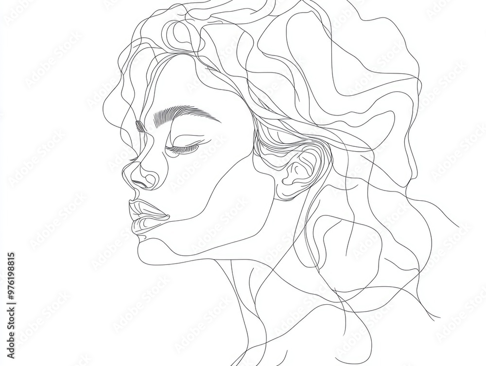 Minimalistic line art portrait of a pensive woman Minimalistic line art portrait of a pensive woman