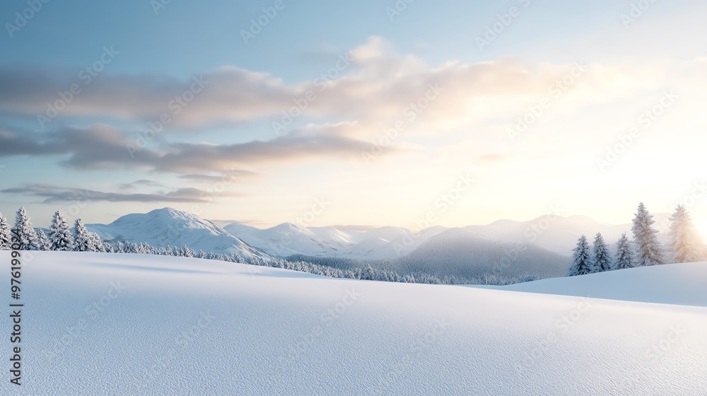Beautiful winter landscape with snow-covered mountains and trees under a serene sky at sunrise. Beautiful winter landscape with snow-covered mountains and trees under a serene sky at sunrise.