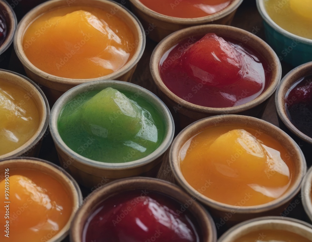 Four jars filled with delicious fruit preserves are neatly lined up on a table Four jars filled with delicious fruit preserves are neatly lined up on a table