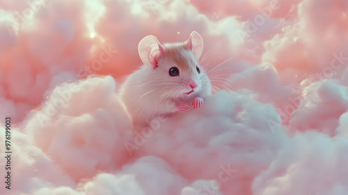 A cute hamster peeking out from fluffy pink clouds, creating a whimsical and dreamy atmosphere. Perfect for pet lovers and creatives. photo