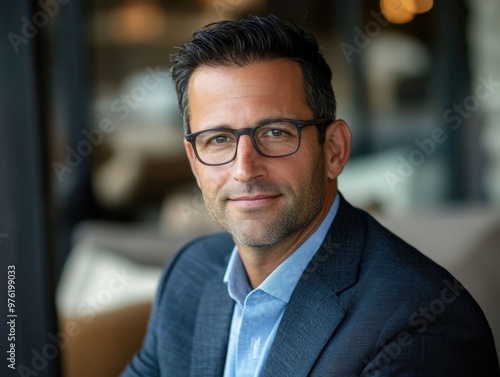 Confident professional man in glasses and suit with business setting