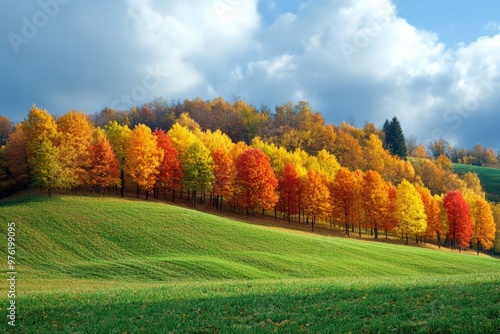 Vibrant Autumn Trees on Rolling Hills Under a Cloudy Sky in a Serene Countryside Landscape