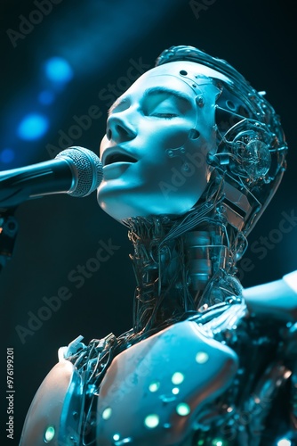 Close-up of a male robot singer with artificial intelligence technology. Robotic male singer singing a ballad into a microphone on stage.
