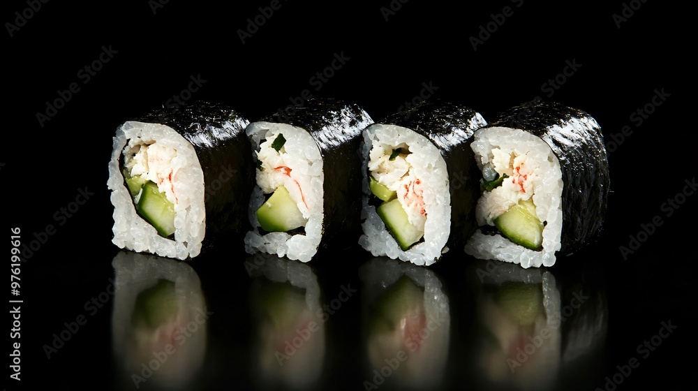 Crab sushi rolls with avocado and cucumber, displayed on a matte black background, creating a minimalist, modern look Crab sushi rolls with avocado and cucumber, displayed on a matte black background, creating a minimalist, modern look