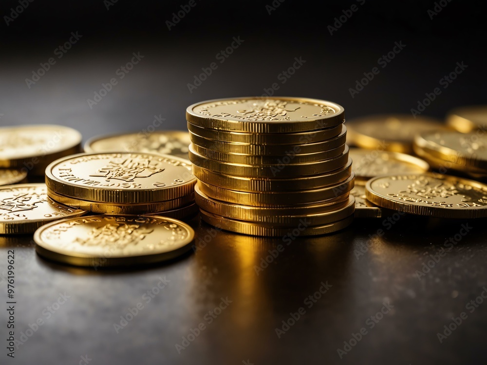Shiny gold coins stacked in two piles, symbolizing wealth Shiny gold coins stacked in two piles, symbolizing wealth