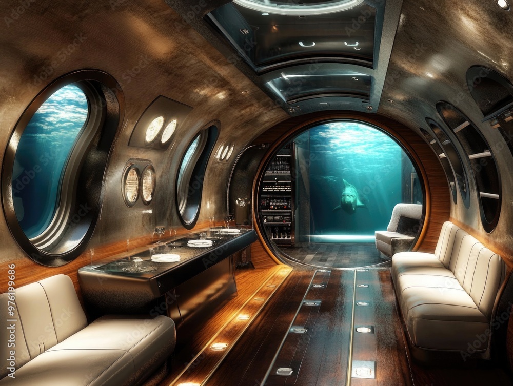 Luxurious underwater lounge with ocean view in submarine environment Luxurious underwater lounge with ocean view in submarine environment