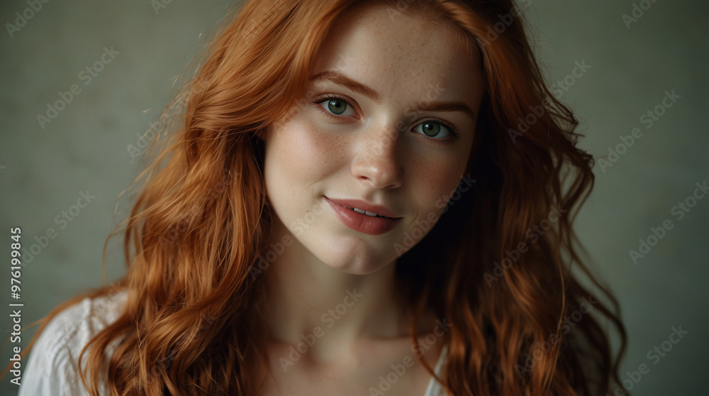 Beautiful young woman with long red hair, green eyes and freckles. Beautiful young woman with long red hair, green eyes and freckles.