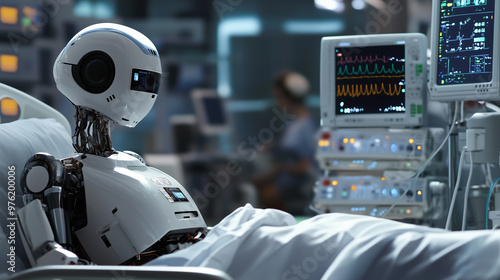 Medical robot patient in a hospital bed with medical equipment in the background - a sign that AI may be susceptible to external influences photo