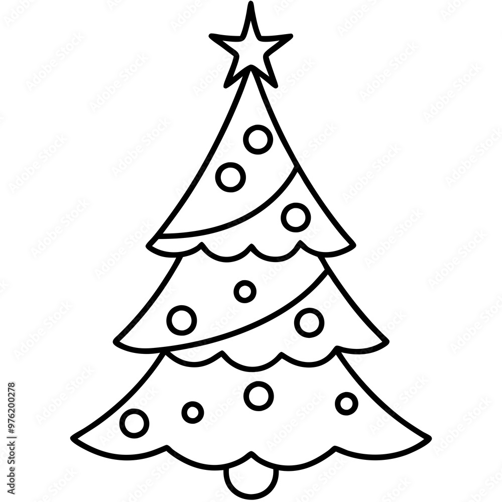 A simple outline of a decorated Christmas tree with ornaments and a star on top A simple outline of a decorated Christmas tree with ornaments and a star on top