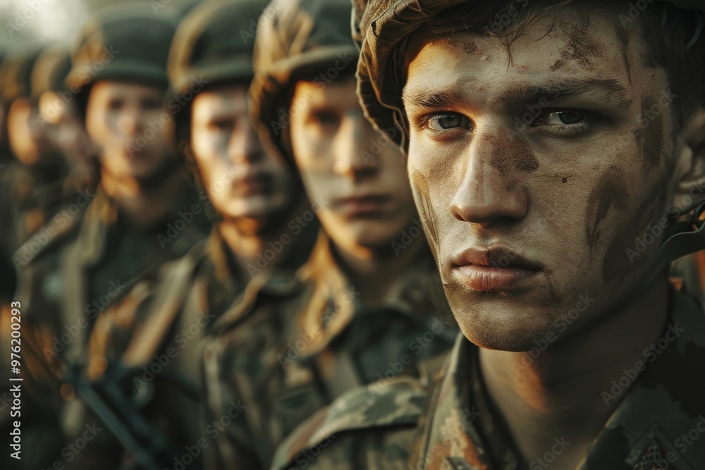 A group of young soldiers stands in formation during twilight, faces marked with dirt and determination, ready for their next training exercise in a rugged landscape. A group of young soldiers stands in formation during twilight, faces marked with dirt and determination, ready for their next training exercise in a rugged landscape.
