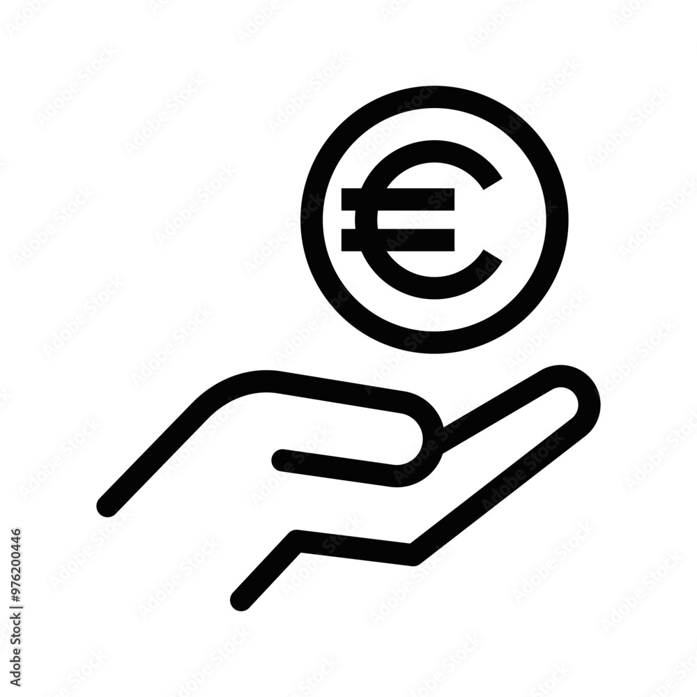 Minimalist vector icon of a hand holding a Euro symbol, representing financial transactions and payments. Editable stroke. Minimalist vector icon of a hand holding a Euro symbol, representing financial transactions and payments. Editable stroke.