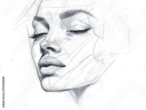 Intricate pencil sketch of a serene woman's face with closed eyes