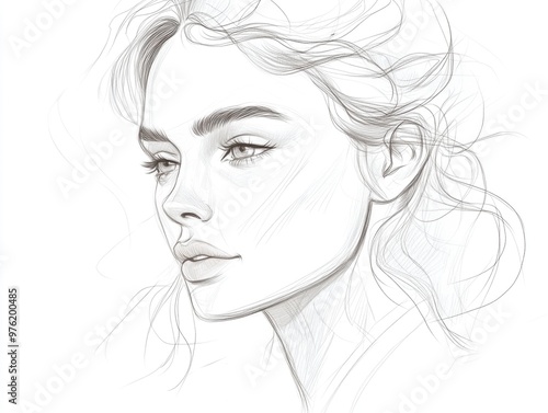 Elegant pencil sketch of woman with wind-swept hair and thoughtful expression