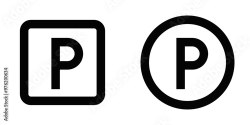 Simple vector icons of parking signs in square and circular shapes, symbolizing parking locations and transport services. Editable stroke.