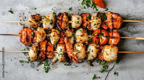Grilled crab skewers with garlic and herbs, arranged against a minimalist grey background with soft lighting