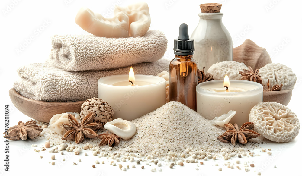 A serene spa arrangement featuring candles, towels, oils, and natural elements for relaxation and self-care. A serene spa arrangement featuring candles, towels, oils, and natural elements for relaxation and self-care.