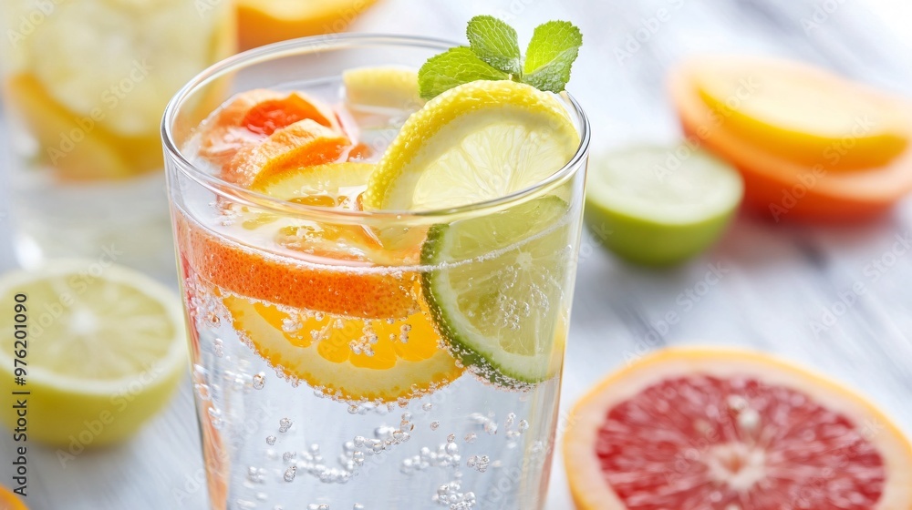A tall glass filled with sparkling water and citrus slices. A tall glass filled with sparkling water and citrus slices.
