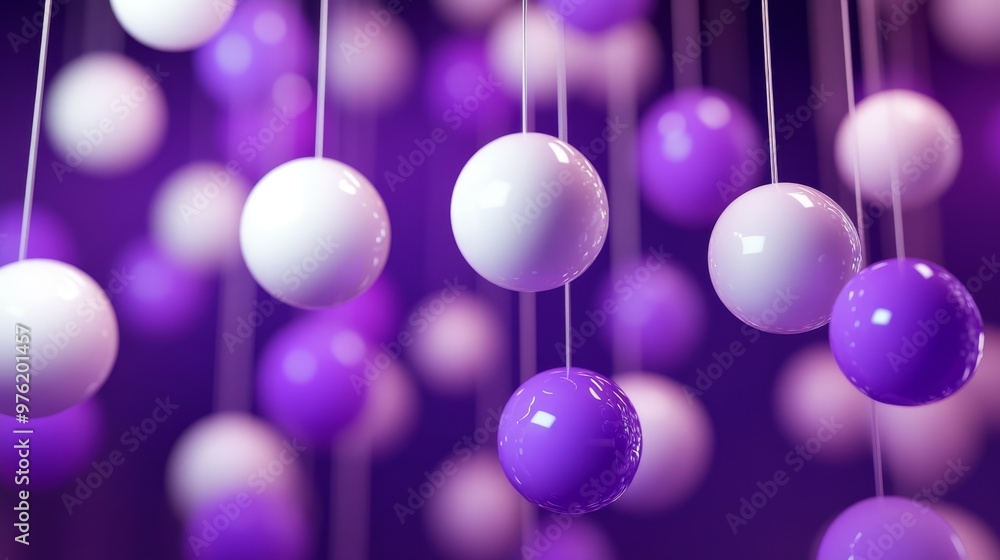 Background with hanging purple and white balls pattern in minimalist style. Simple hanging neon balls. Background with hanging purple and white balls pattern in minimalist style. Simple hanging neon balls.