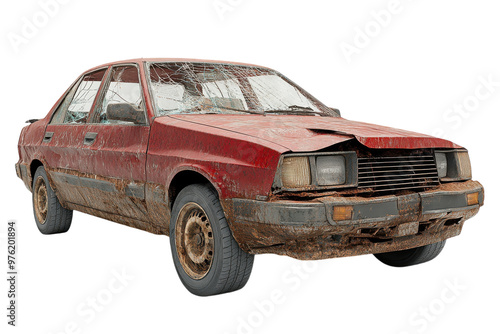 Wrecked car with damaged front end isolated on a white background.  PNG transparent.