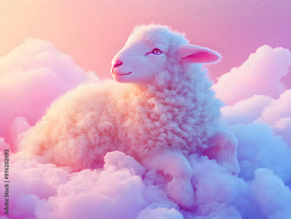 A serene sheep resting on fluffy pastel clouds, evoking a dreamy and whimsical atmosphere. A serene sheep resting on fluffy pastel clouds, evoking a dreamy and whimsical atmosphere.