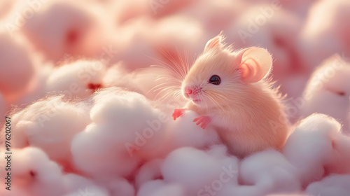 A cute, fluffy mouse sitting on a soft pile of pink cotton. Ideal for themes of comfort, pets, and gentle nature.