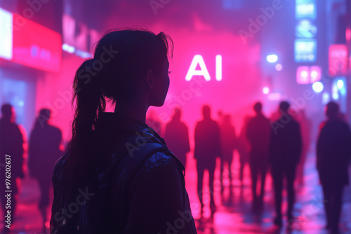 The letters "AI" floating above a group of digital avatars in a metaverse-like virtual world.