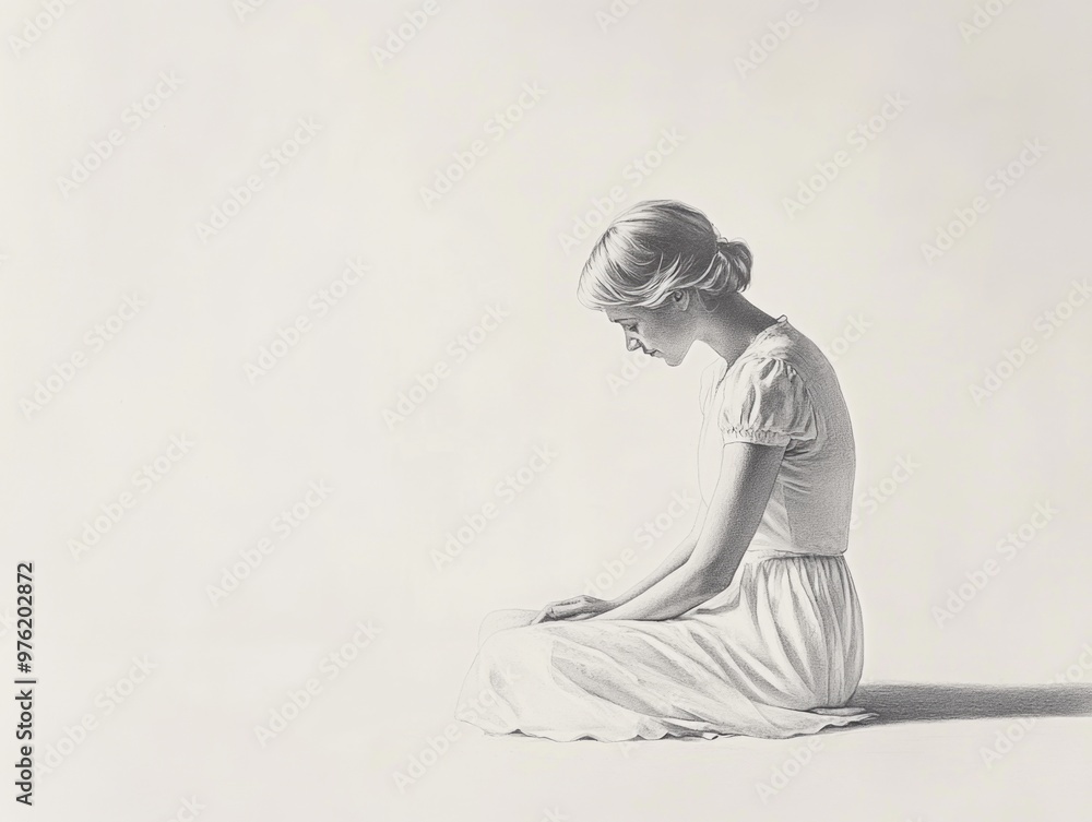 Minimalist portrait of a woman in a white dress sitting in contemplation Minimalist portrait of a woman in a white dress sitting in contemplation