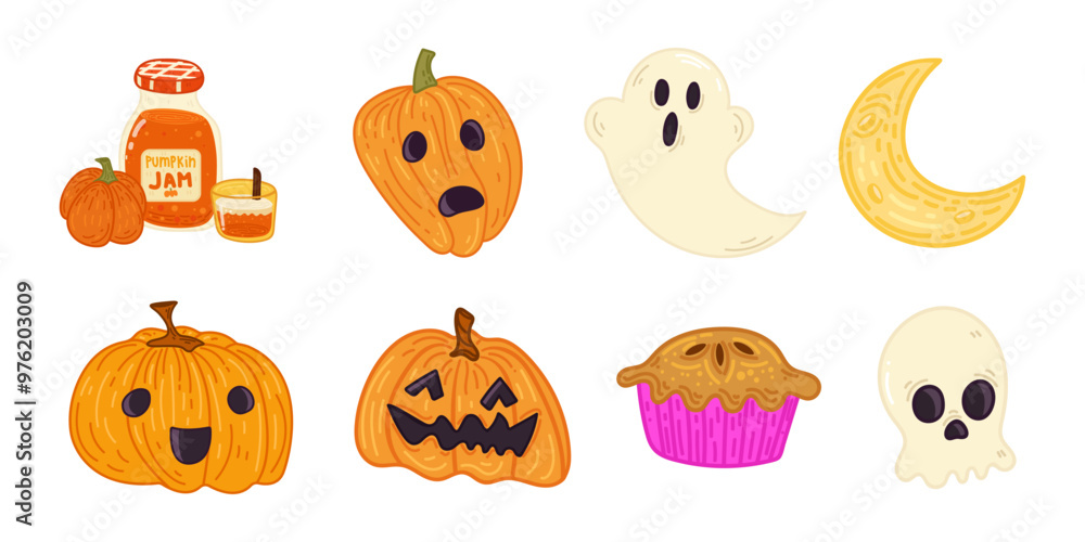 Vector set of Halloween elements: pumpkins, ghosts, candy. Perfect for scrapbooking, greeting card, party invitation, poster, tag, stickers. Hand-drawn style. Fall theme. Vector set of Halloween elements: pumpkins, ghosts, candy. Perfect for scrapbooking, greeting card, party invitation, poster, tag, stickers. Hand-drawn style. Fall theme.