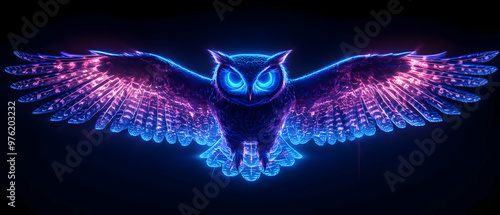 Stunning neon owl design with vibrant blue and pink colors, showcasing its majestic wings against a dark background. photo