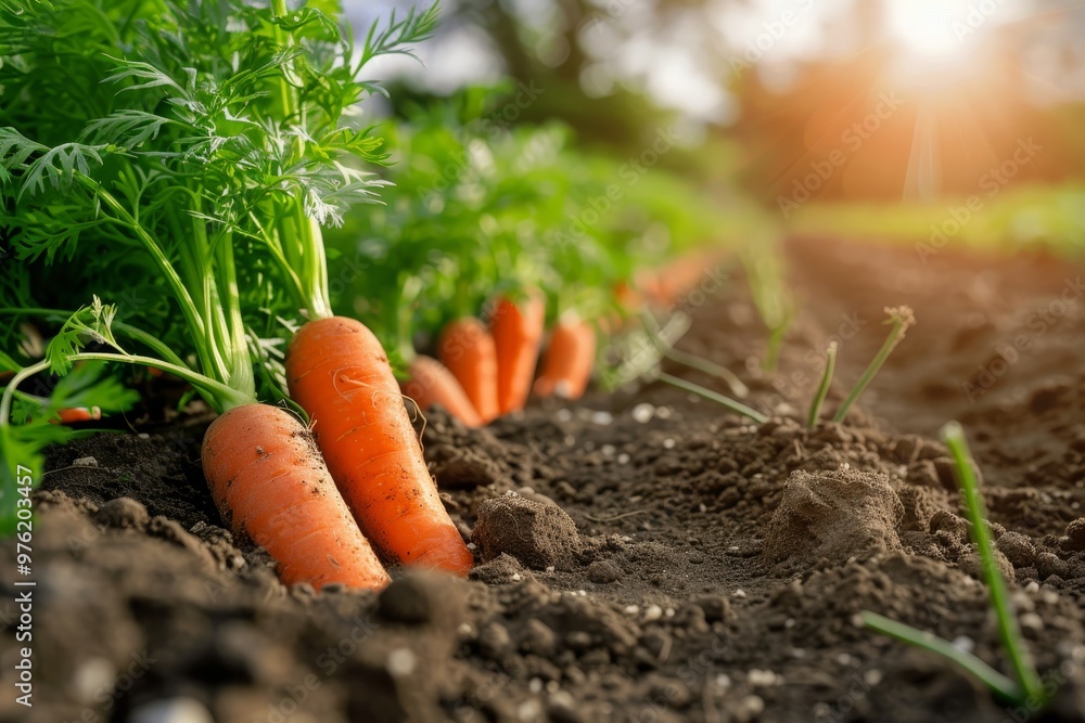 Freshly harvested carrots lay partially exposed in rich soil, basking in the warm glow of morning sunlight with lush green leaves around. Freshly harvested carrots lay partially exposed in rich soil, basking in the warm glow of morning sunlight with lush green leaves around.