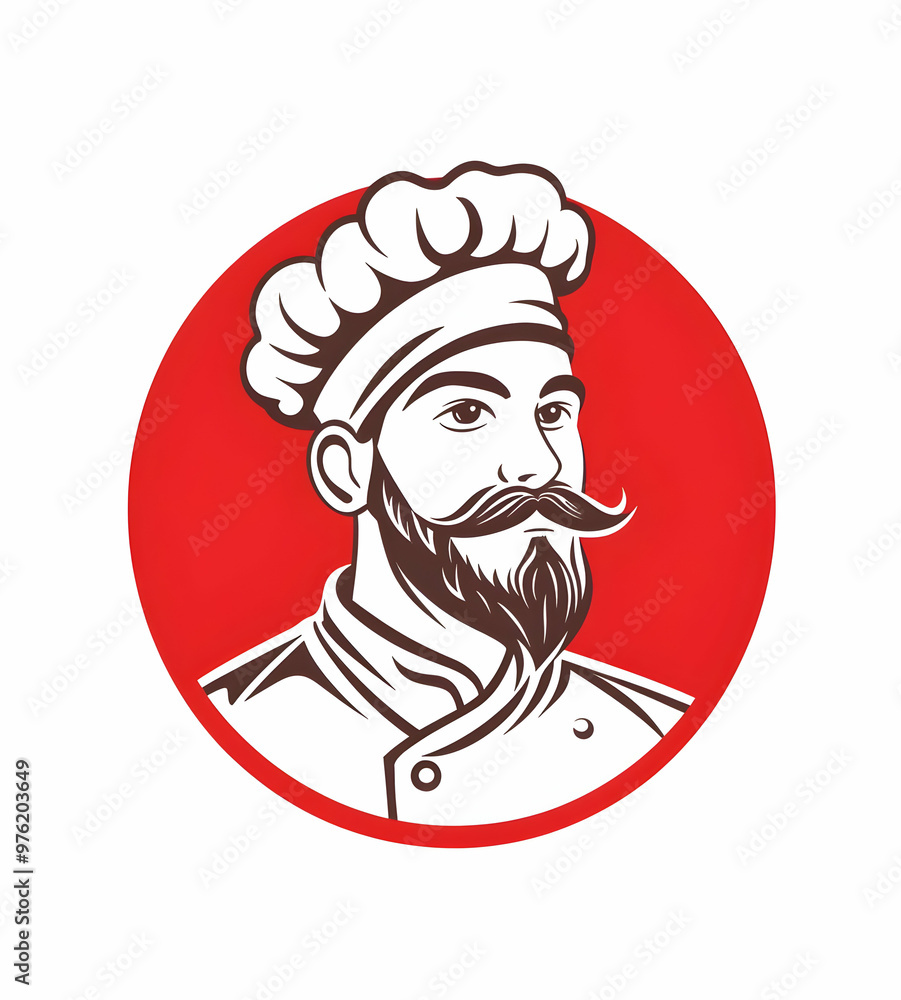 A stylish chef illustration with a beard, wearing a traditional chef's hat and coat, set against a vibrant red background. A stylish chef illustration with a beard, wearing a traditional chef's hat and coat, set against a vibrant red background.