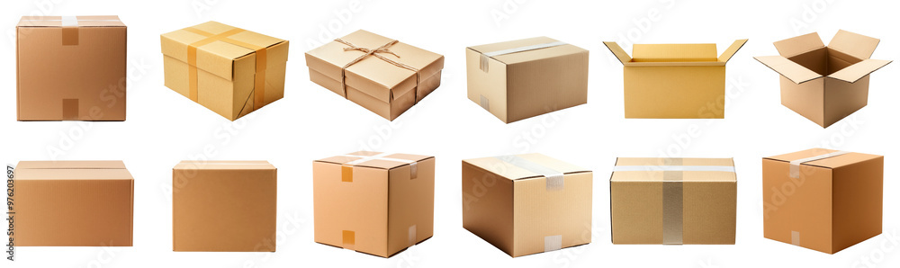 Fototapeta premium Parcels boxes cardboard with side and top view set, package closed and open for packaging isolated on background.