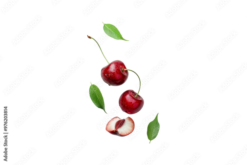 Obraz premium Fresh red Cherry with slice and green leaves isolated on background, flat lay view of delicious and healthy fruit.